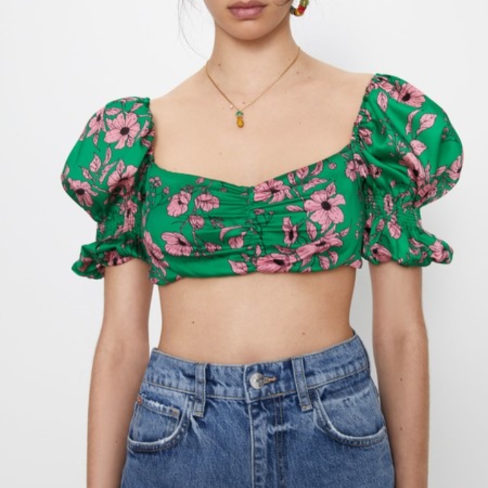 Floral Green and Pink Puff Sleeve Crop Top